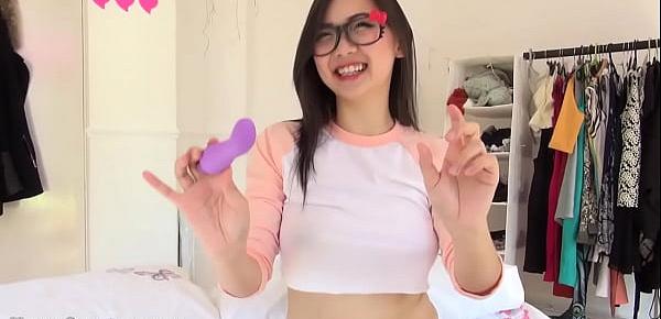  Naturally busty Asian teen Harriet Sugarcookie uses her vibrator